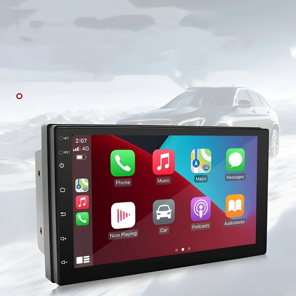 Black universal car MP5 navigation player with 7-inch screen for CarPlay and GPS.