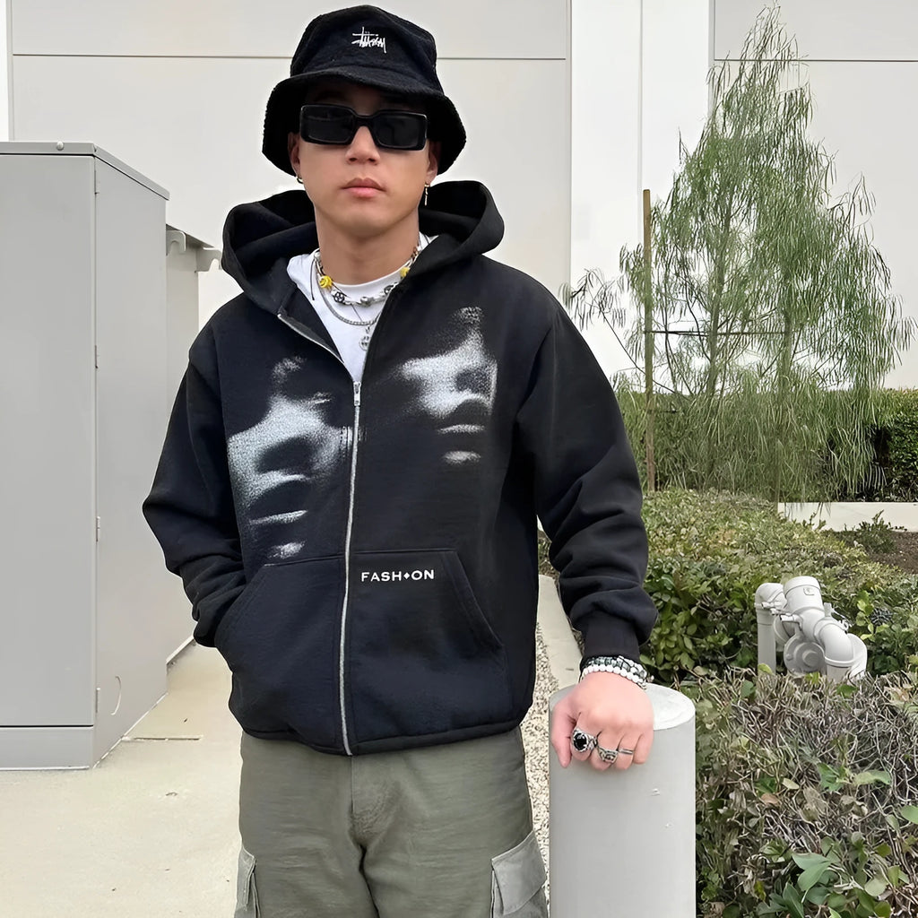 Unisex Y2K black zip hoodie with loose fit and attached hood, Korean streetwear style for teenagers