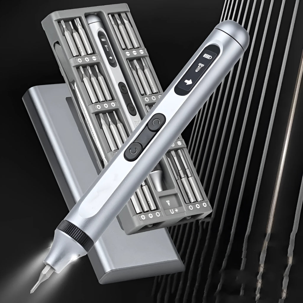 Precision electric screwdriver with aluminium alloy handle shown beside its charging cable and bits.