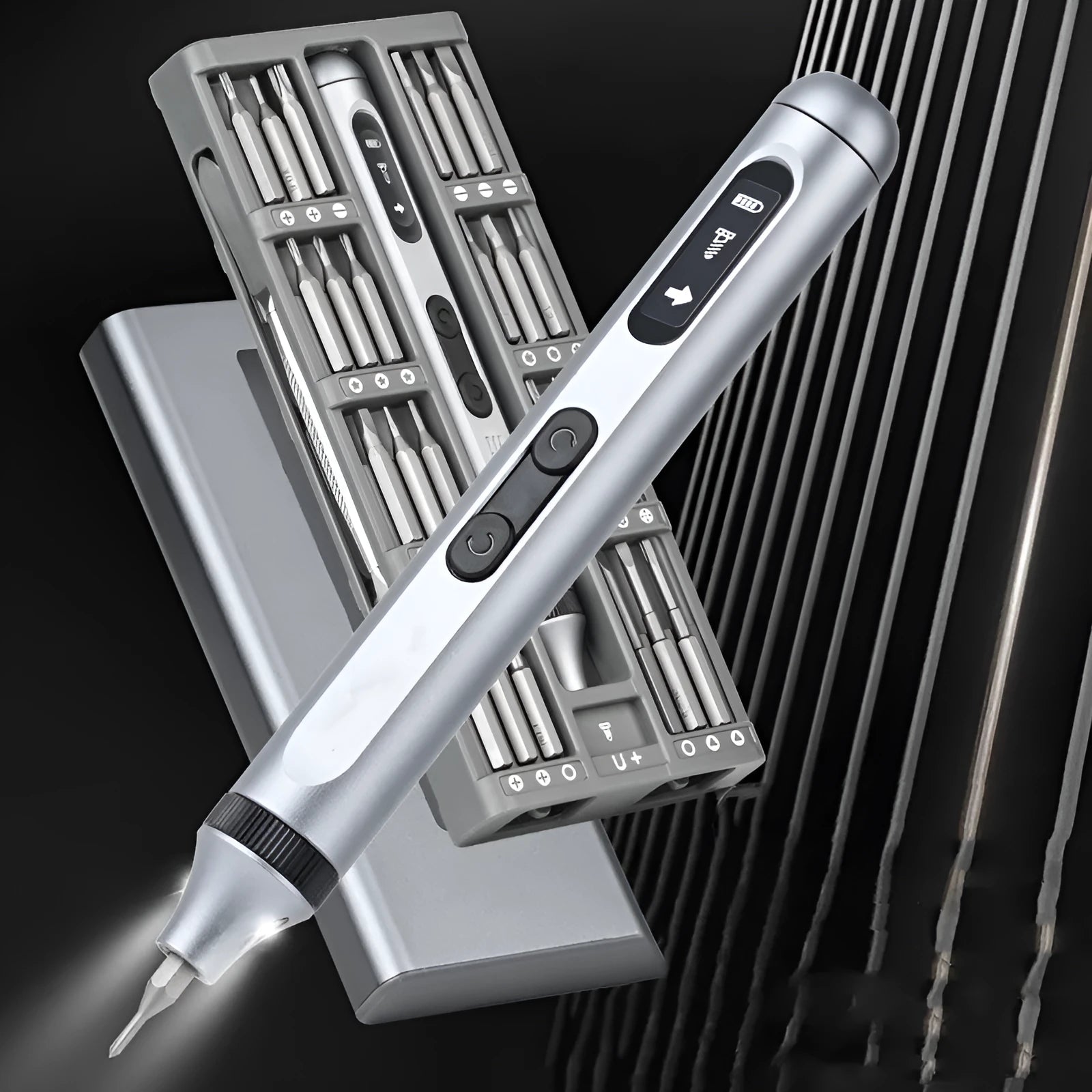Precision electric screwdriver with aluminium alloy handle shown beside its charging cable and bits.