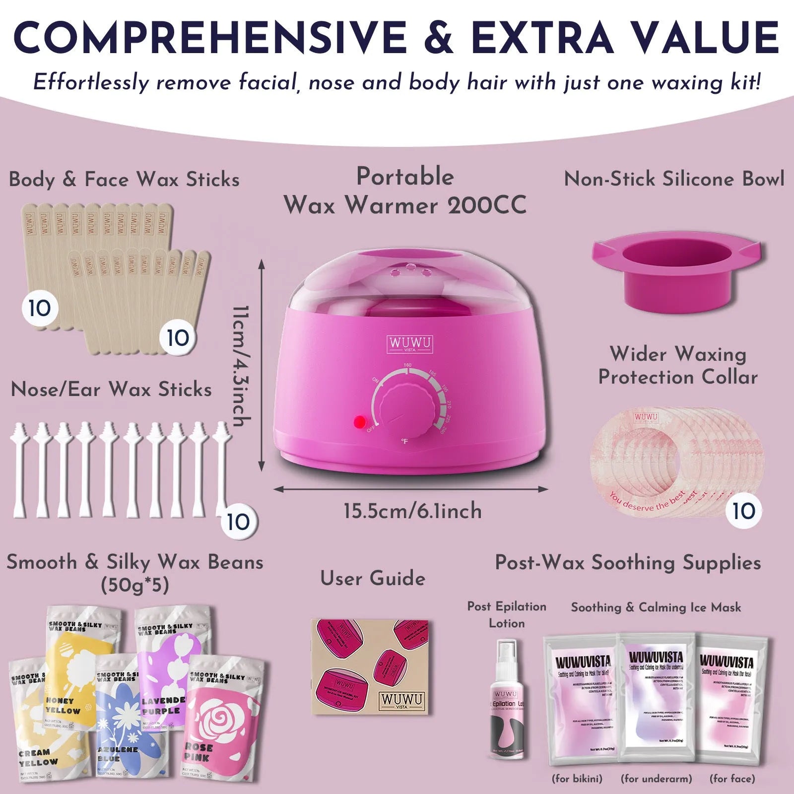 Black and pink professional waxing kit with warmer, hard wax beans, lotion, and application tools laid out.