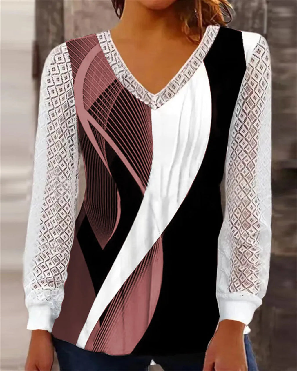 Women's purple V-neck loose pullover top with hollow-out lace detailing and long sleeves