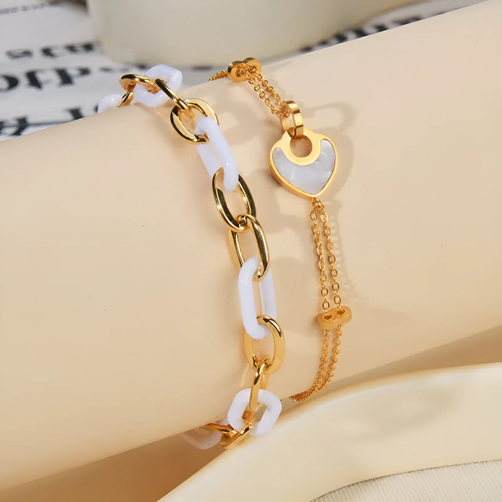 Women's stainless steel resin bracelet with double-layer heart design and electroplated metallic finish