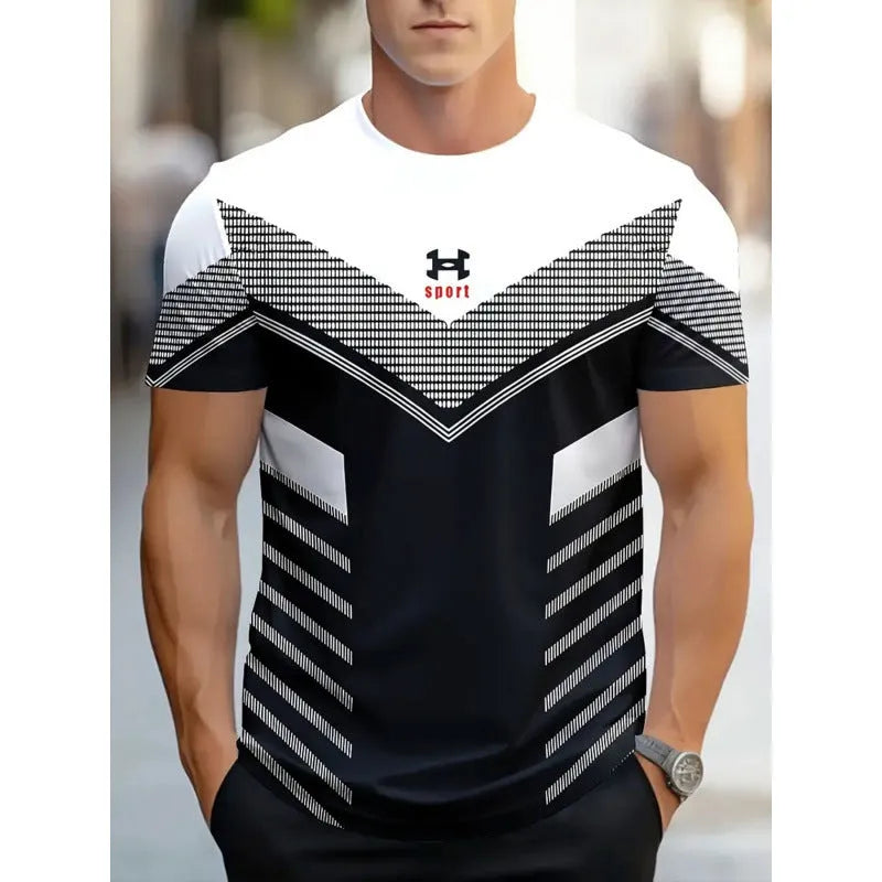 Man wearing a loose fit short-sleeved t-shirt with a digital 3D printed striped pattern.