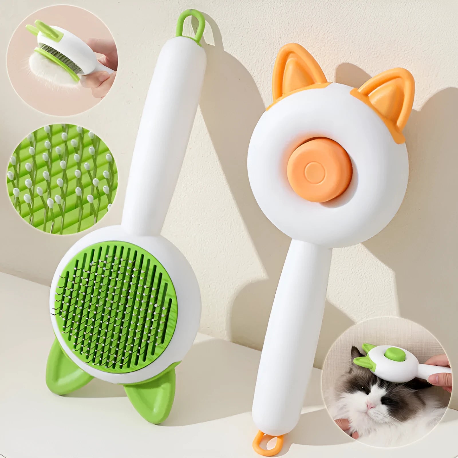 Self-cleaning cat grooming comb with massage function in greenish white colour