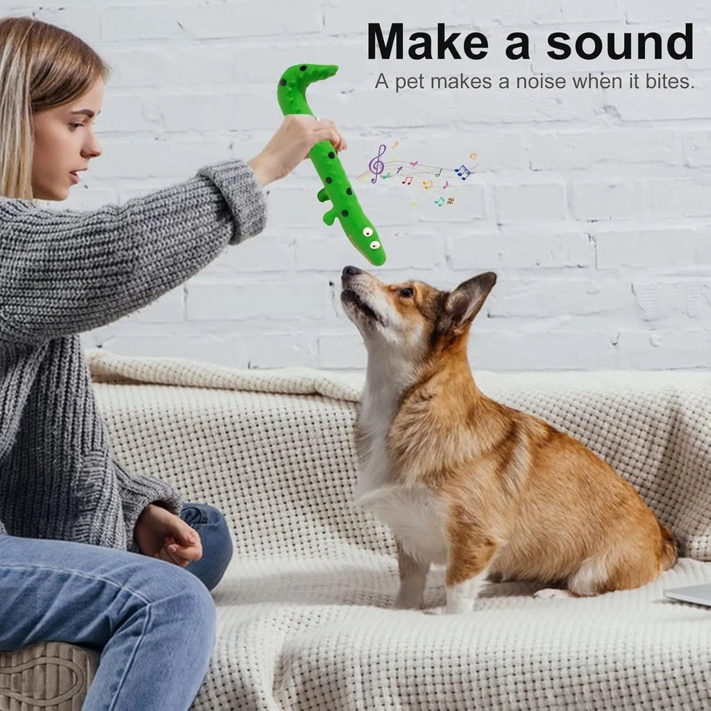 Green latex lizard-shaped dog chew toy with squeaker for aggressive chewers