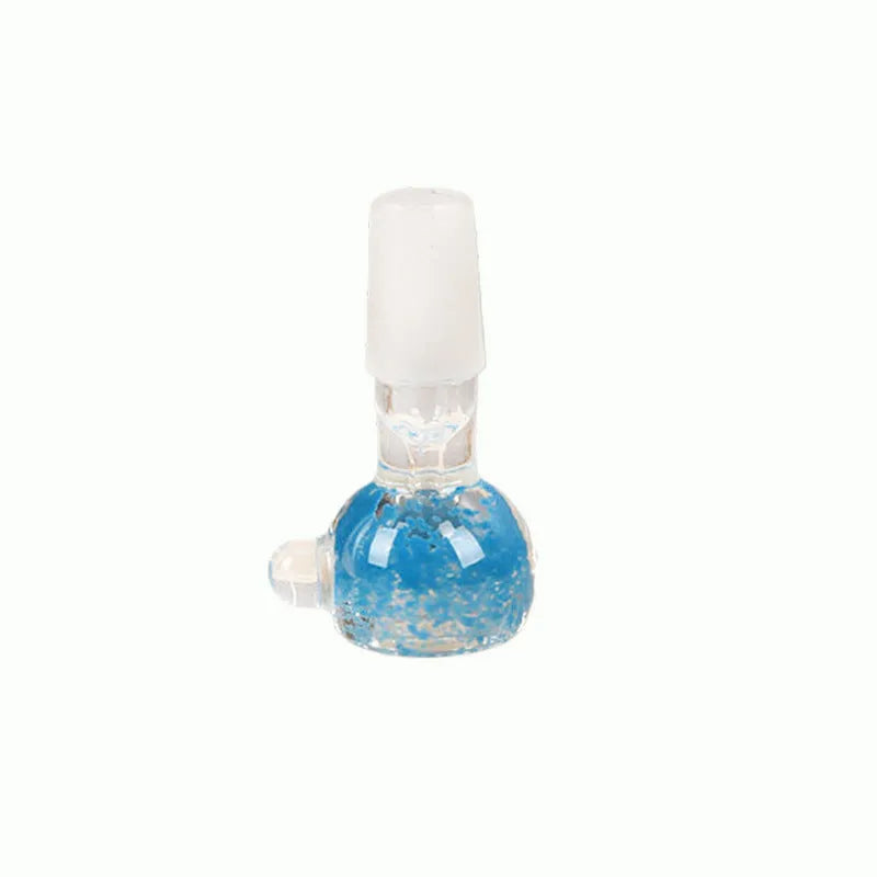 Transparent coloured glass tobacco pipe, trumpet shape, 7cm tall, on a plain background.