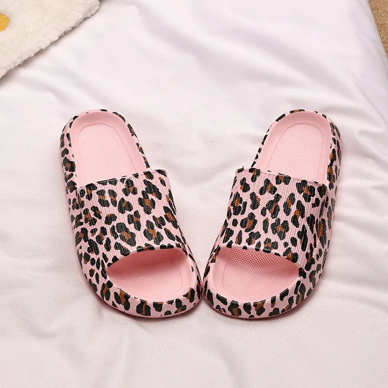 EVA material leopard print slippers with thick bottom design shown in multiple colour options