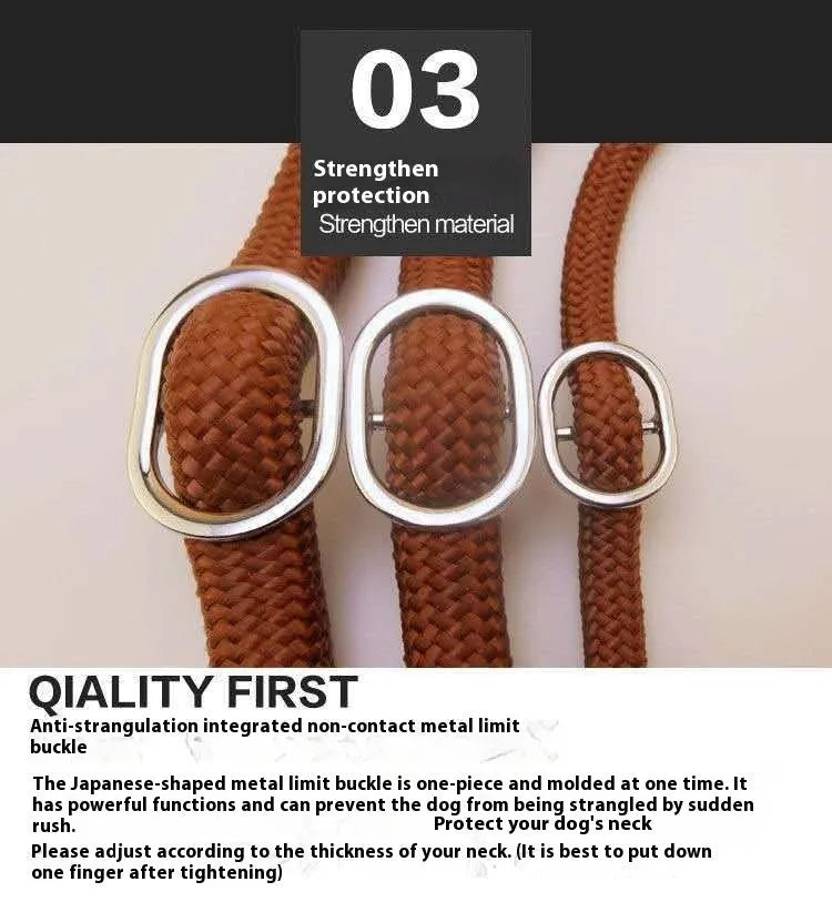Brown nylon dog leash with P-chain connection showing 2.1 metre length