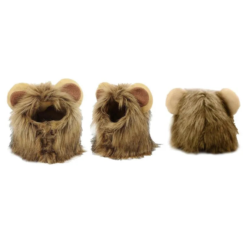Lion mane wig for cat on pet's head showing fluffy artificial hair and adjustable elastic band.