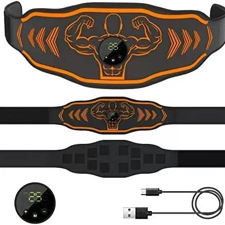 EMS abdominal massage belt with rechargeable host unit and separate arm electrodes in blue or orange