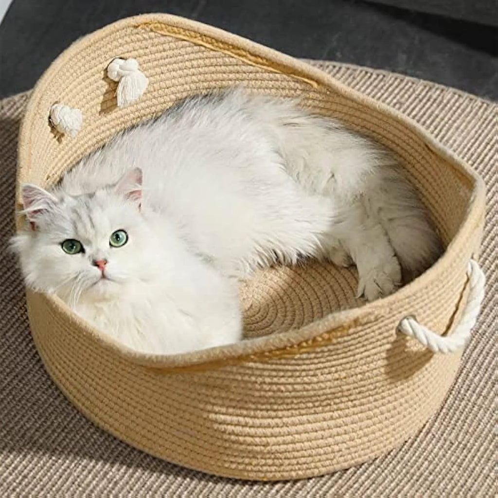 Wicker-style cat bed basket with corrugated scratching surface in two size options
