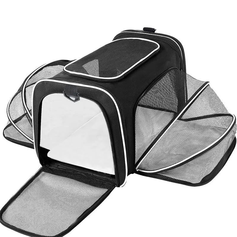 Large and small size cat carrier bag made from 600D cation fabric in black, grey blue, and grey green colour options