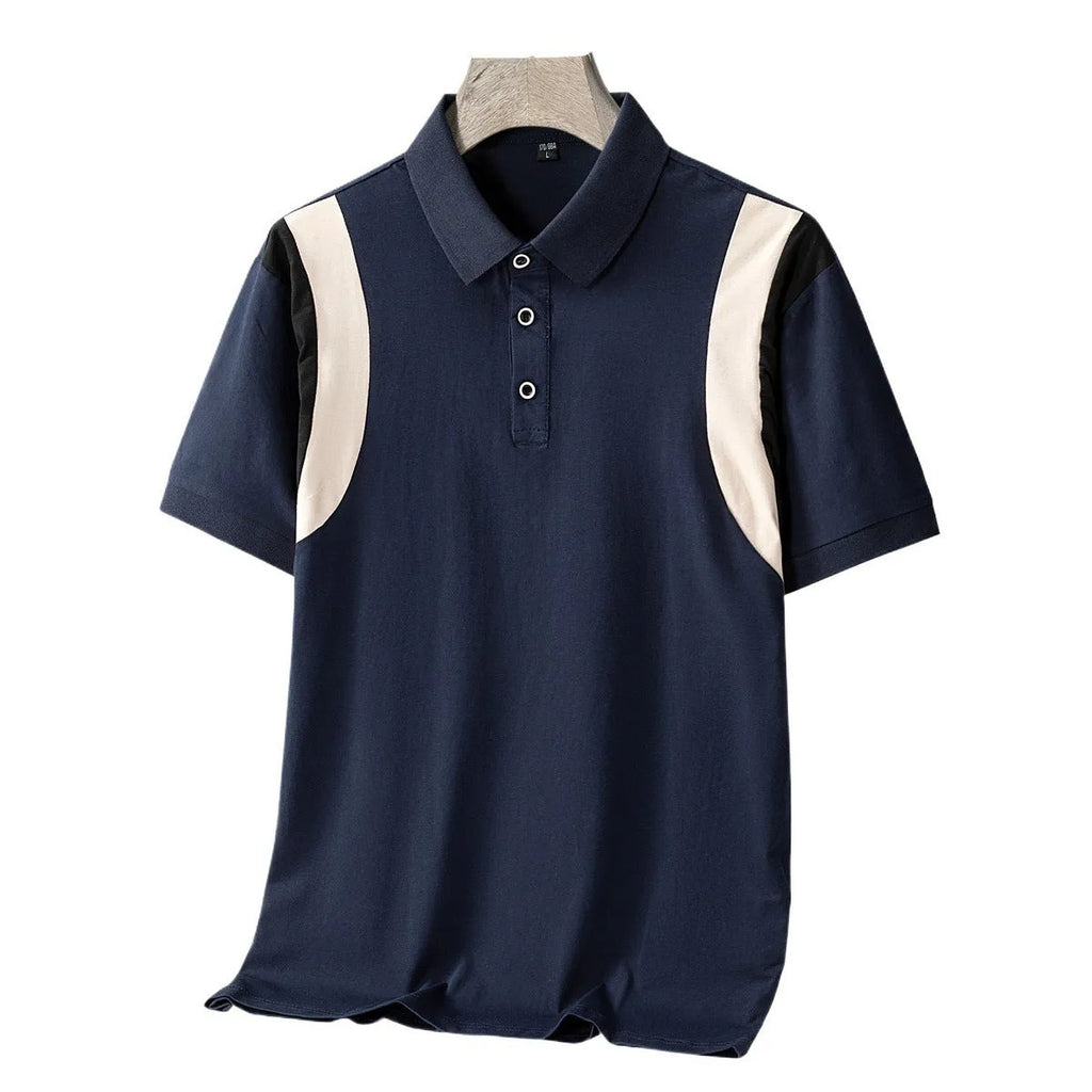 Men's striped cotton t-shirt with a business lapel collar, shown in a loose fit with short sleeves.