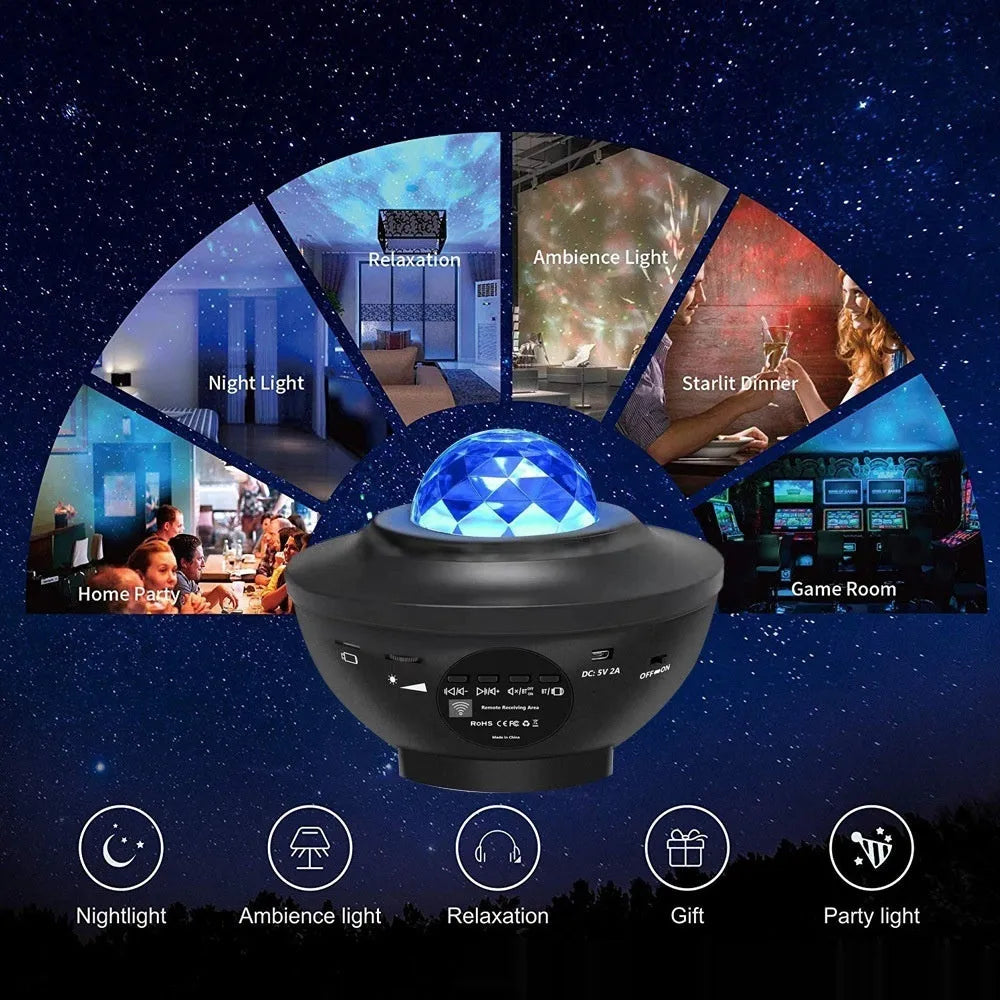 Black parallel style starry sky projection lamp with USB power and Bluetooth music playback
