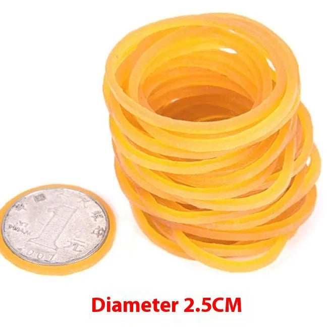 500g bulk pack of yellow rubber bands in multiple diameters from 25mm to 70mm