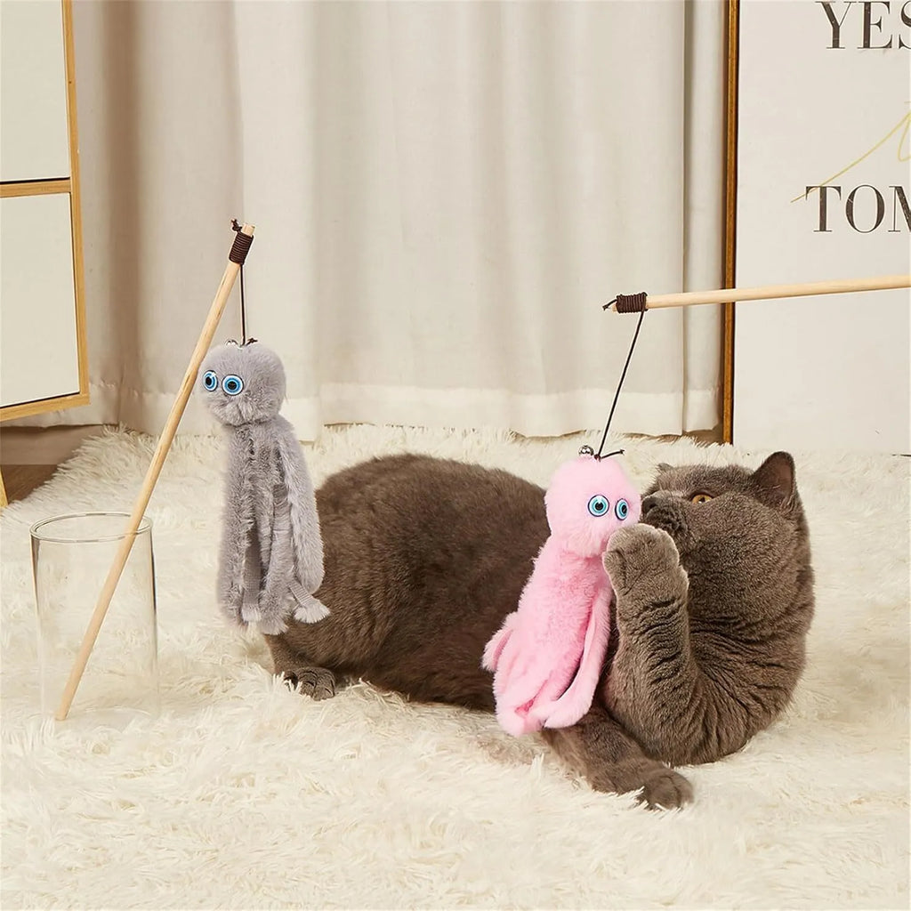 Colourful octopus cat toy on a 40cm stick with furry pom-poms and moving eyes