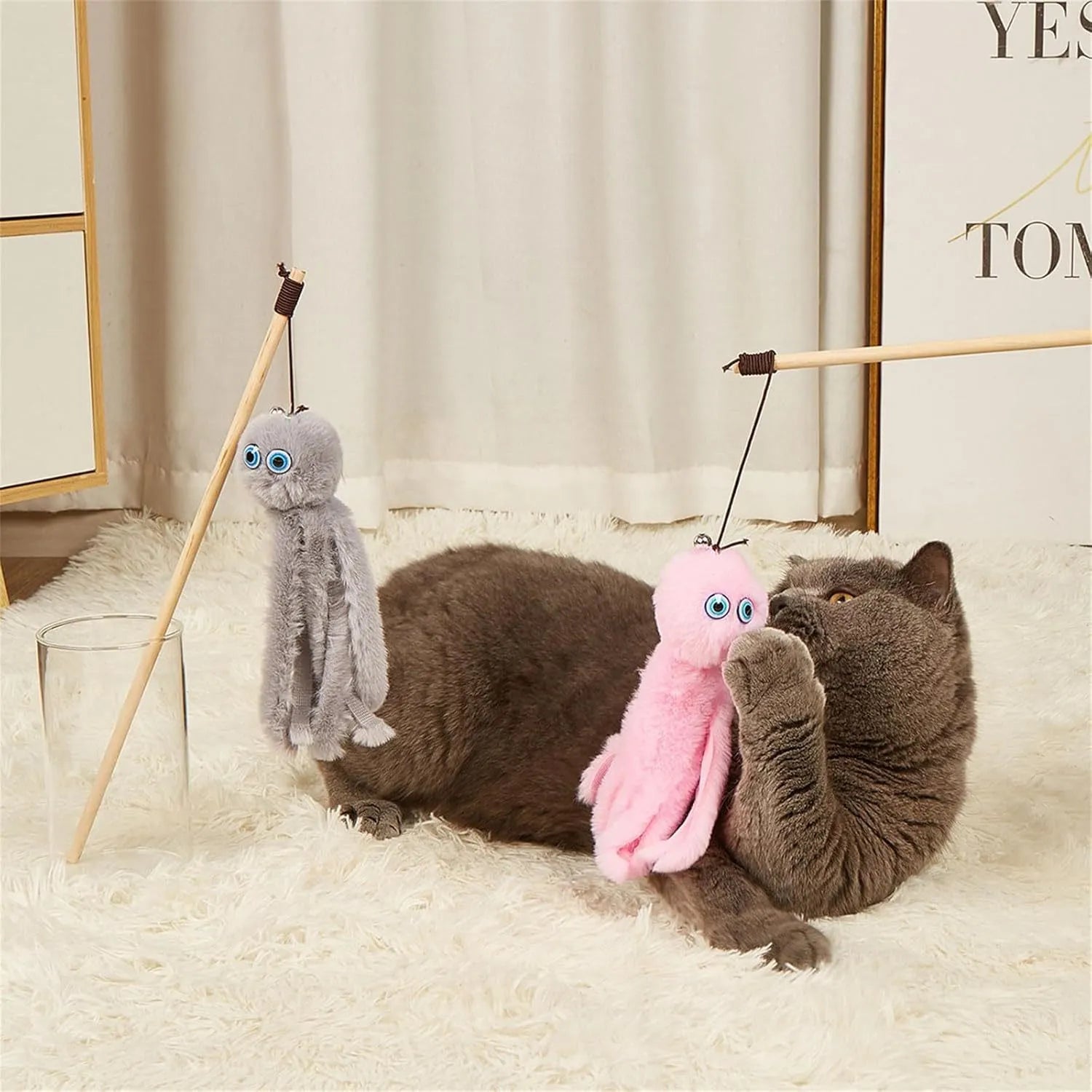 Colourful octopus cat toy on a 40cm stick with furry pom-poms and moving eyes