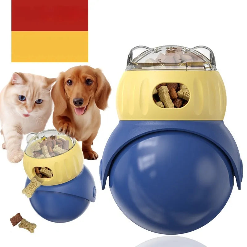 Owl-shaped plastic cat tumbler feeder in Morandi yellow and blue colours