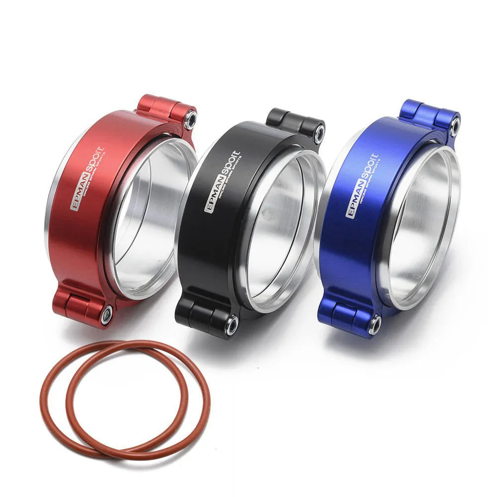 Aluminium fixed movement clamp for car turbine exhaust, available in black, blue, red.