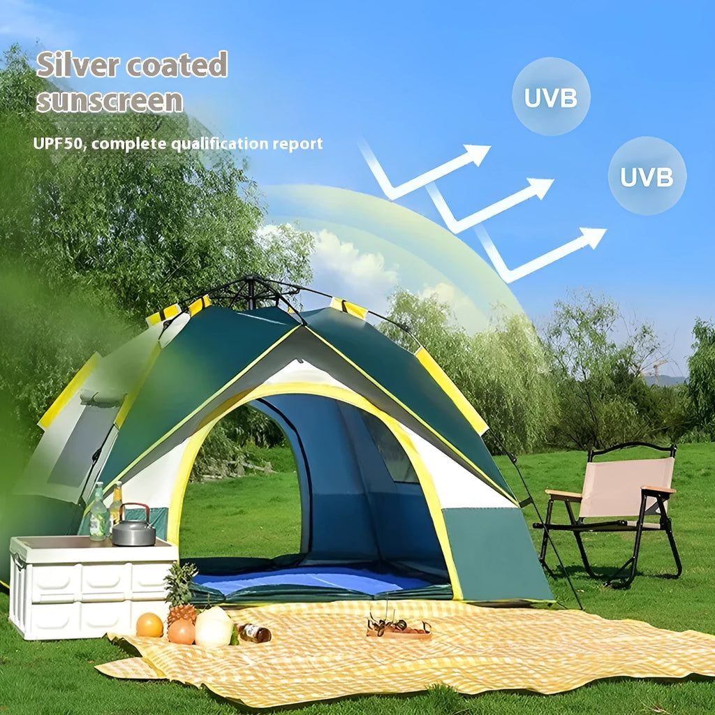 Dark green silver glue 3-4 person automatic quick open camping tent with glass fibre poles