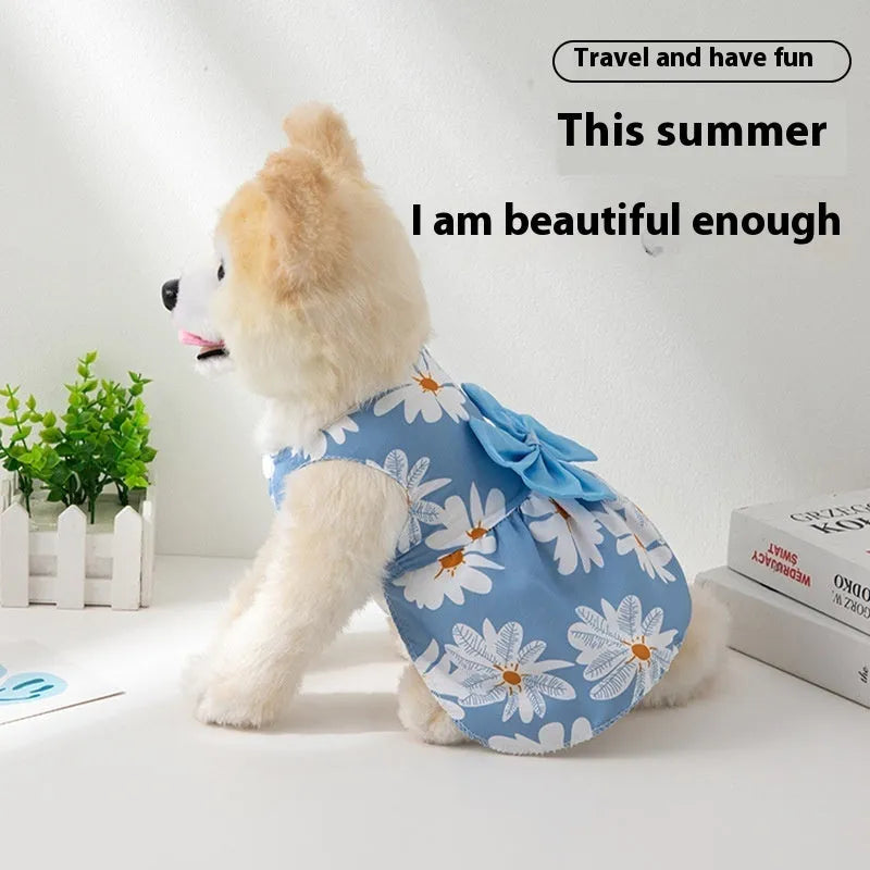 Summer pet dress with floral butterfly design and princess-style knot for dogs and cats