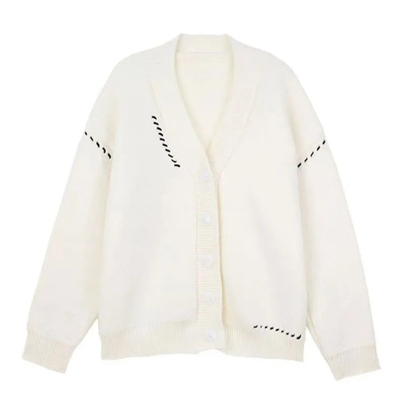 Women's loose fit long sleeve knitted cardigan coat in black or white