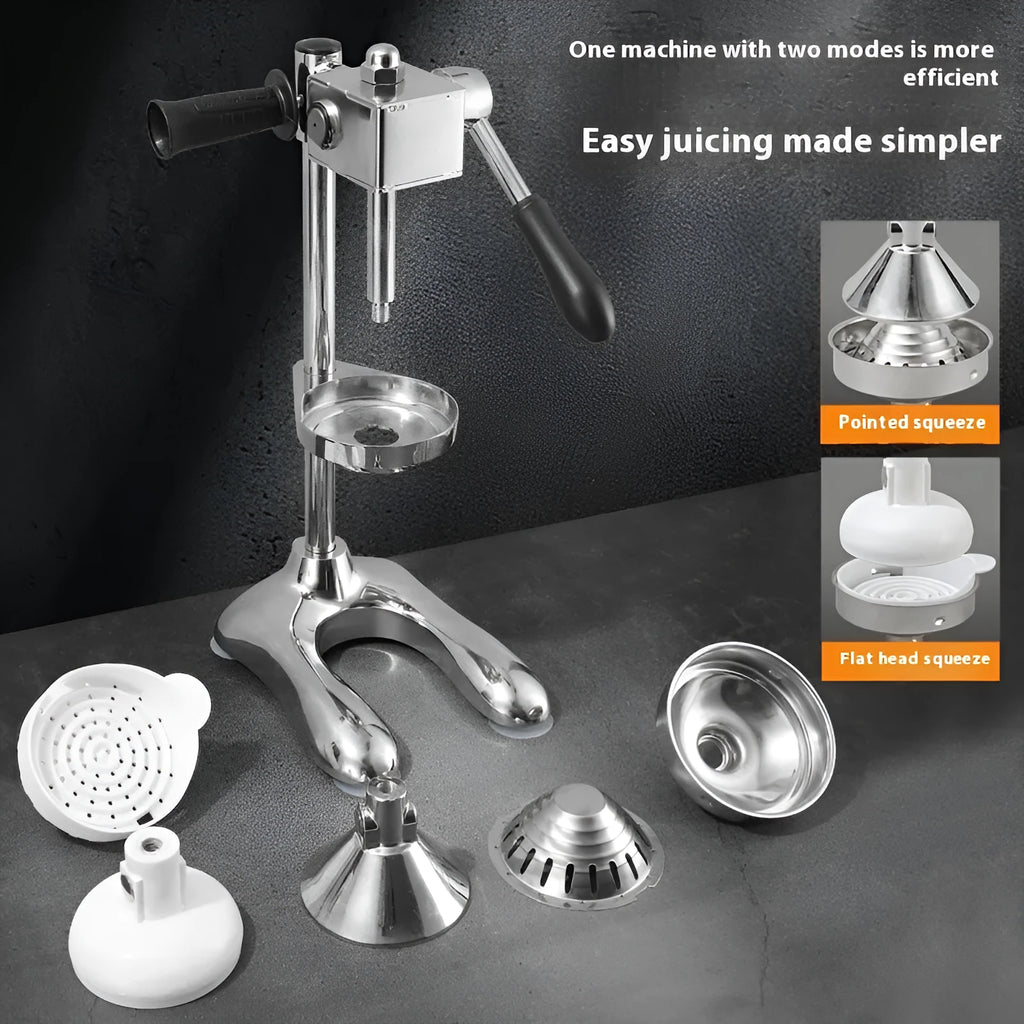 Vertical stainless steel manual juicer with interchangeable pointed, flat and double heads in multiple colours.