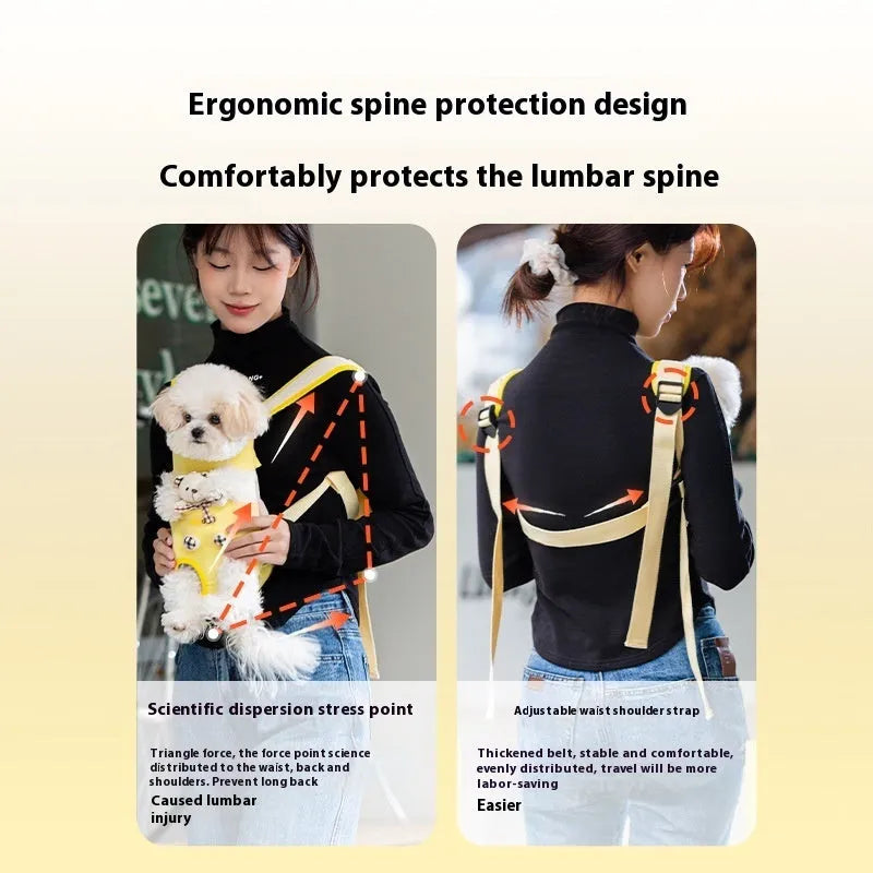 Soft cartoon animal design pet chest bag in canvas, shown in multiple colour stitching options.