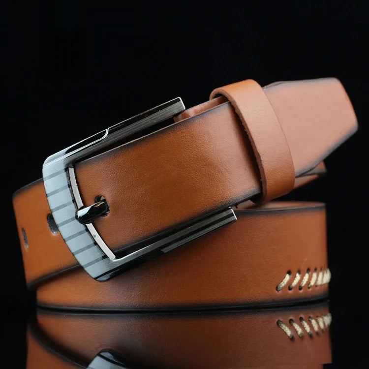 Men's imitation leather belt with retro pattern and alloy pin buckle in black, brown, or white