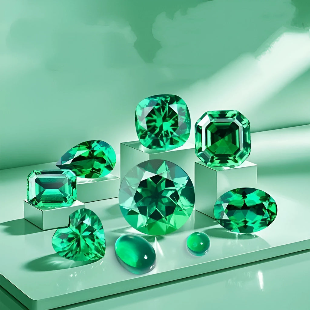 Polished cultivated emerald gemstone in Columbia green treasure colour showing various cuts including round and emerald cut.