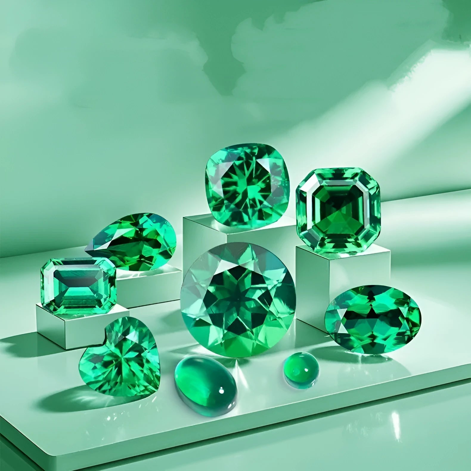 Polished cultivated emerald gemstone in Columbia green treasure colour showing various cuts including round and emerald cut.