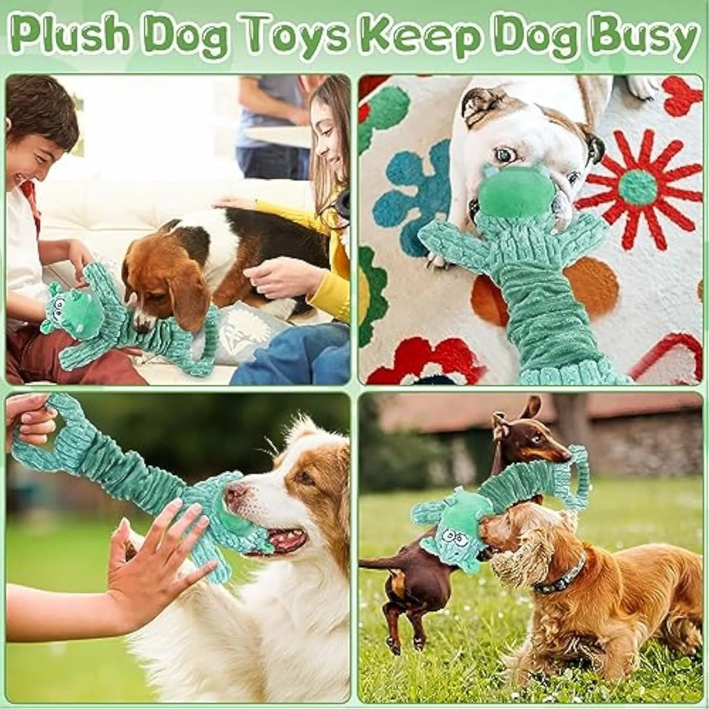 Plush squeaky dog toy with crinkle paper and a handle for tug-of-war play.
