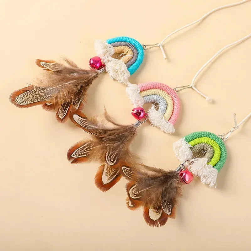 Feather cat rope door hanging toy with elastic swing and sticky buckle clamp in blue, green, or pink
