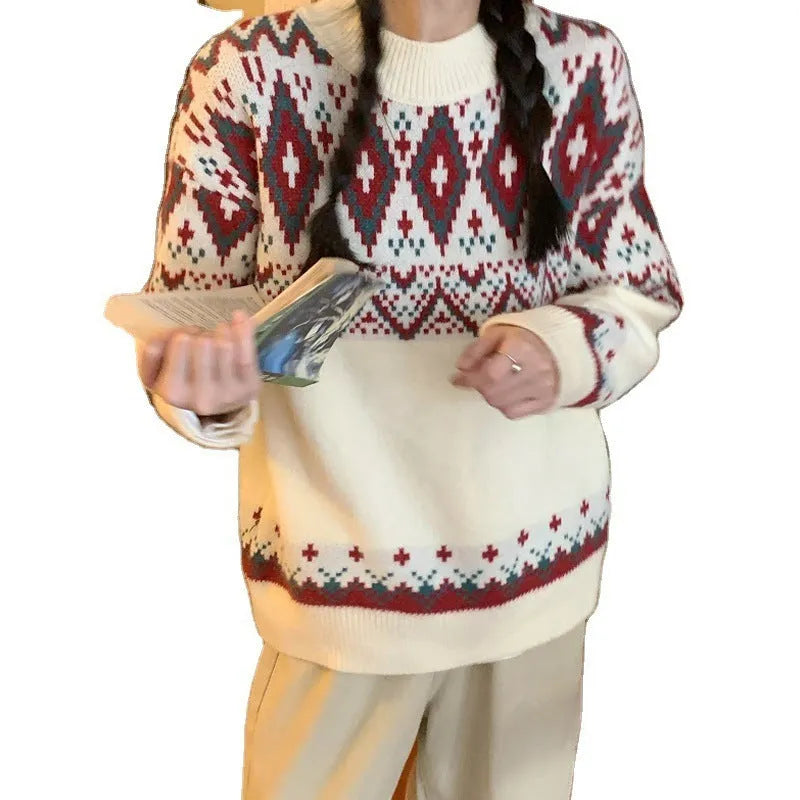Red and white striped retro pullover knitted top with long sleeves