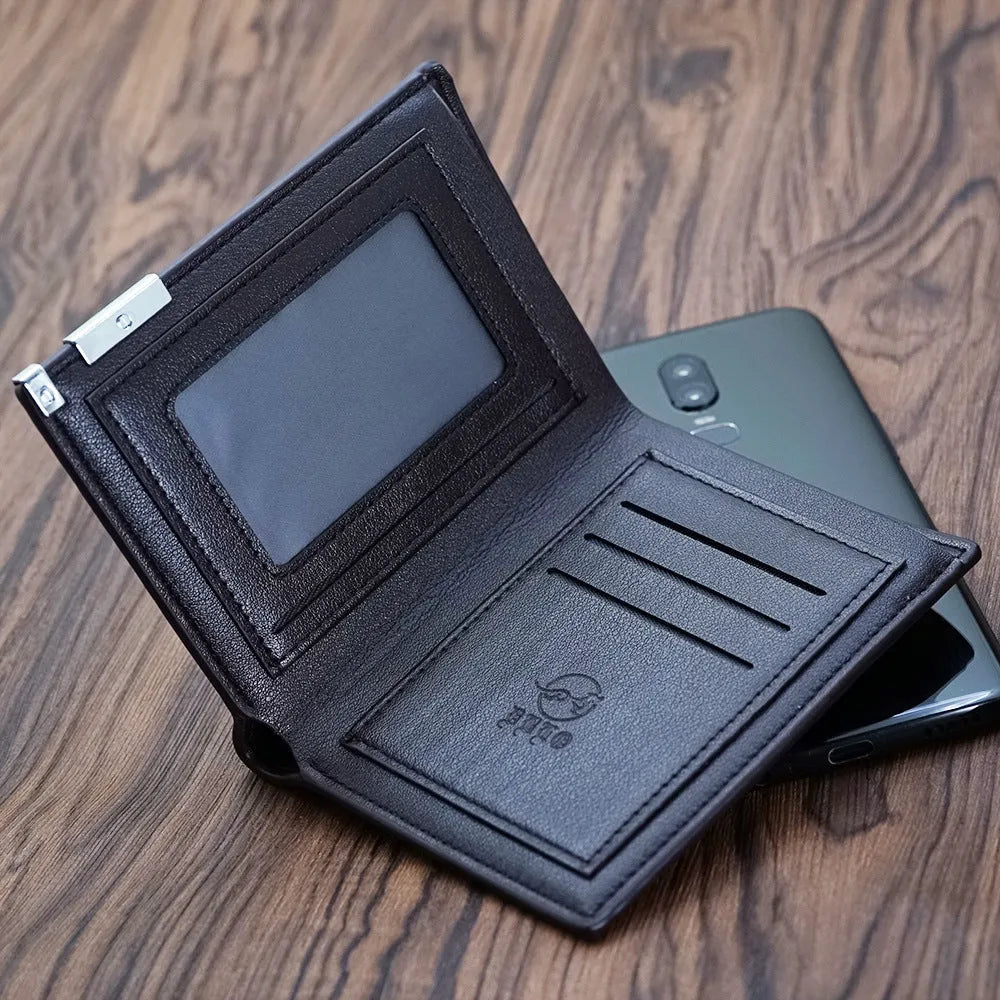 Men's leather wallet with a zipper closure, presented in individual packaging.