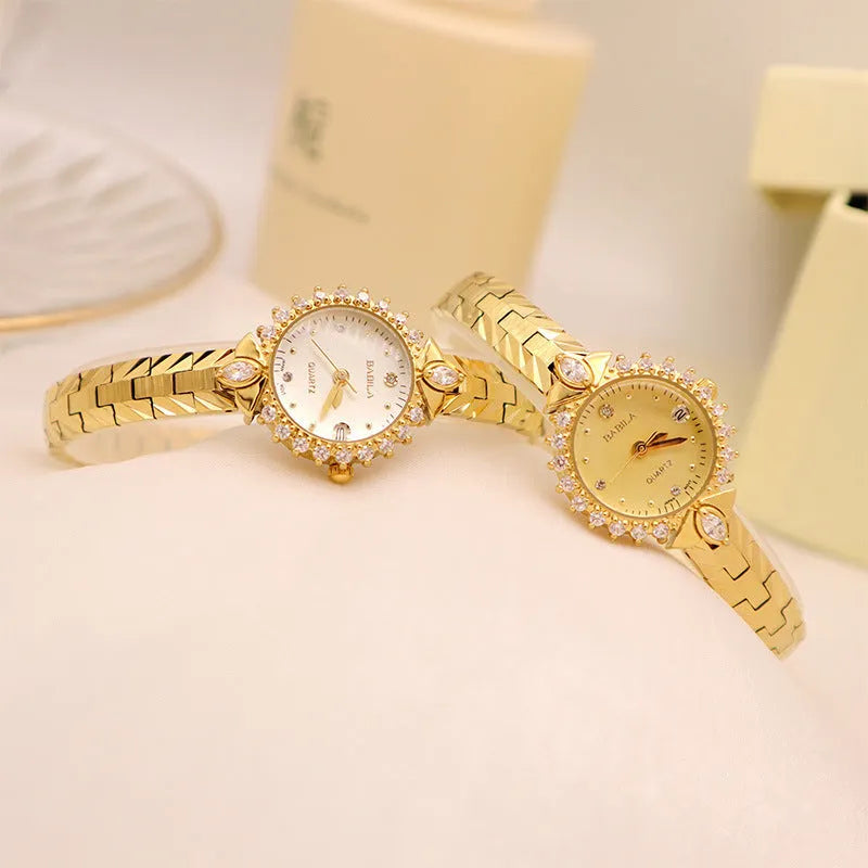 Women's vintage quartz watch with gold face and diamond embossed bracelet, slim 6mm design on a neutral background