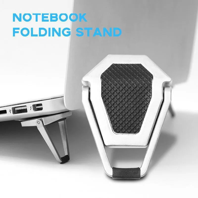 Aluminium folding laptop stand bracket in silver with compact 4.8cm design for computer cooling