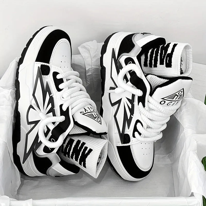 Men's white chunky low-top sneakers with round toe and lace-up front on rubber sole