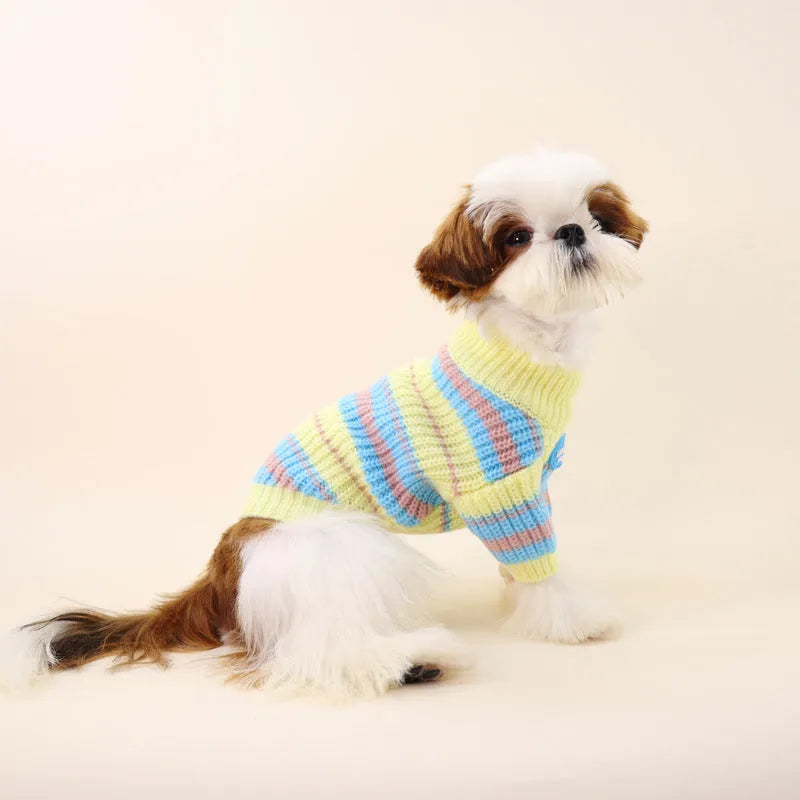 Blue and yellow striped wool dog jumper sweater for small breed pets.