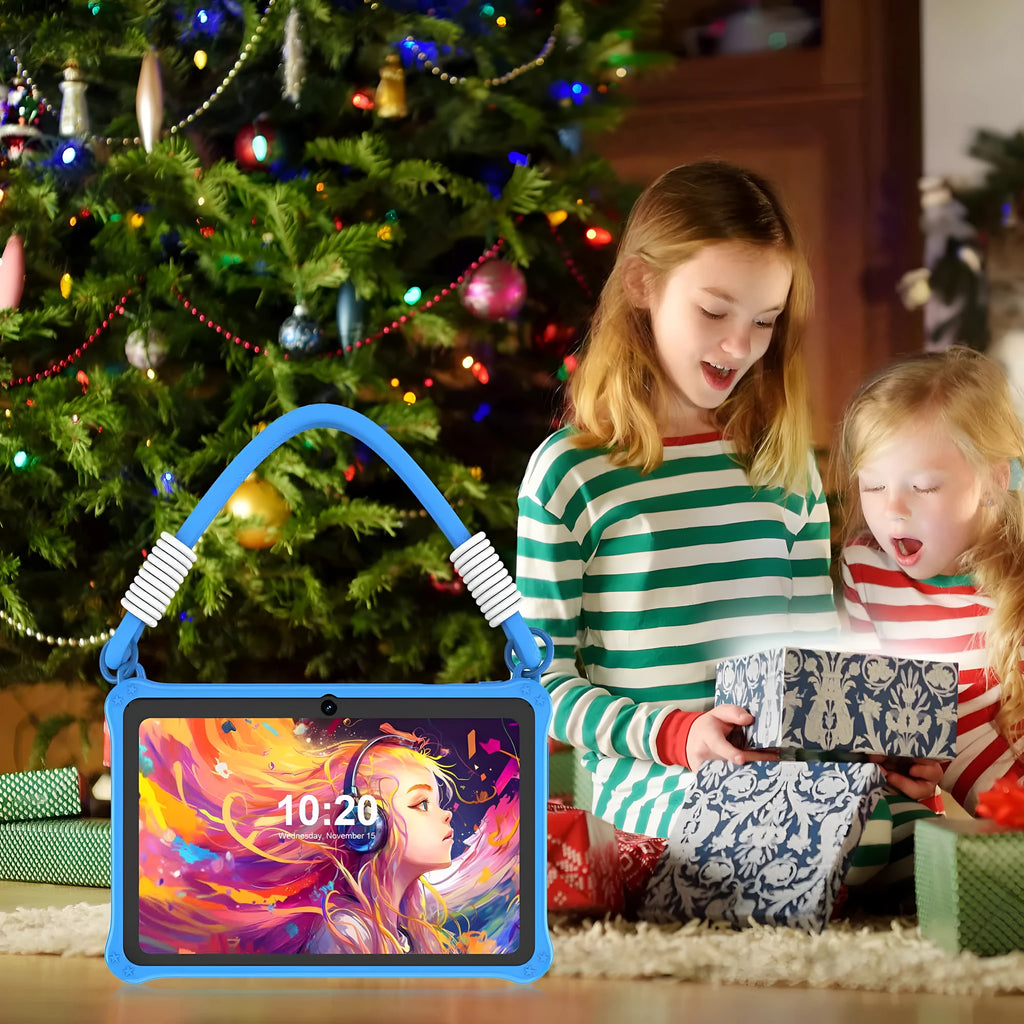 7-inch children's tablet silicone protective case in dark pink and sapphire blue colours with flat strap