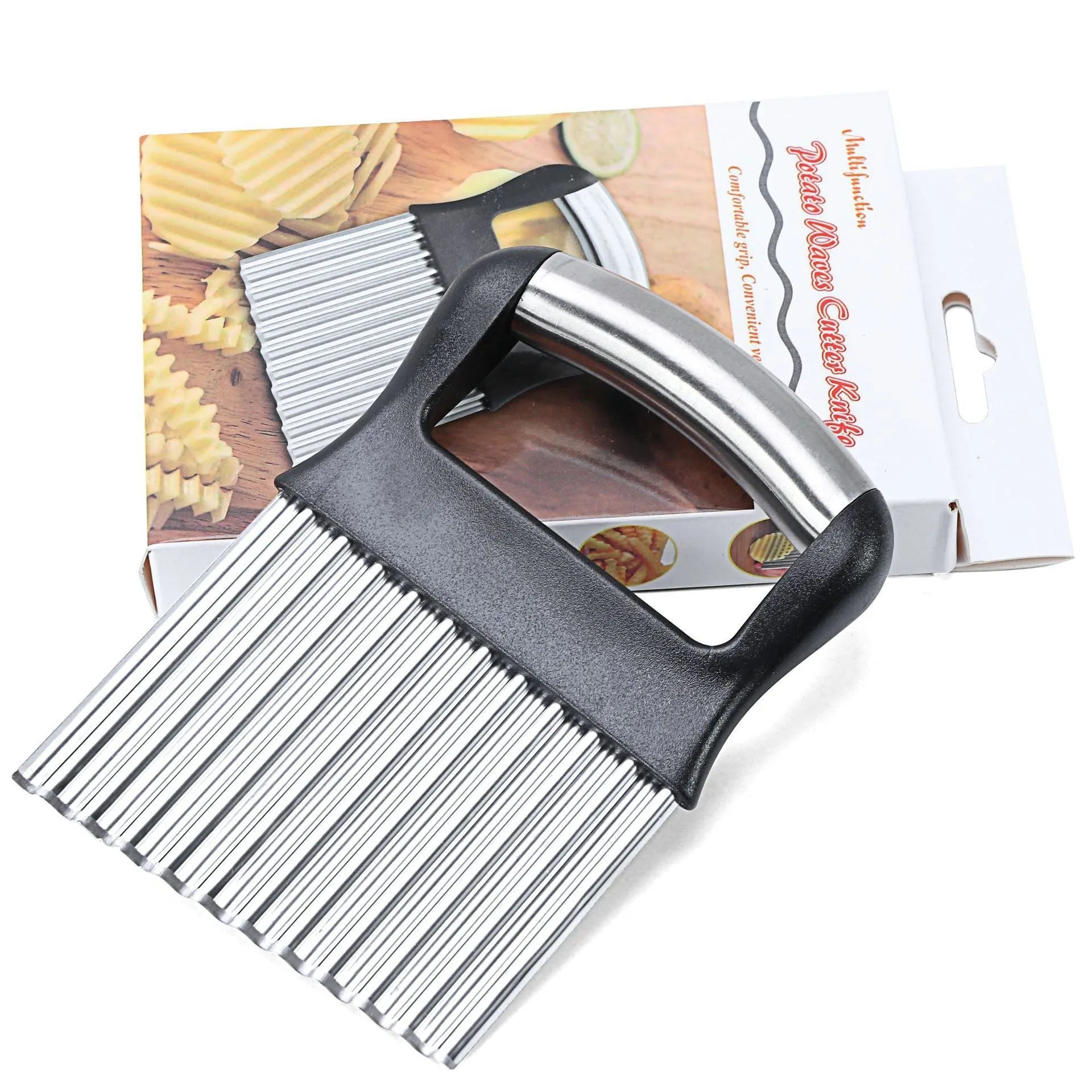 Stainless steel potato wave knife with crinkle-cut blade on a kitchen worktop