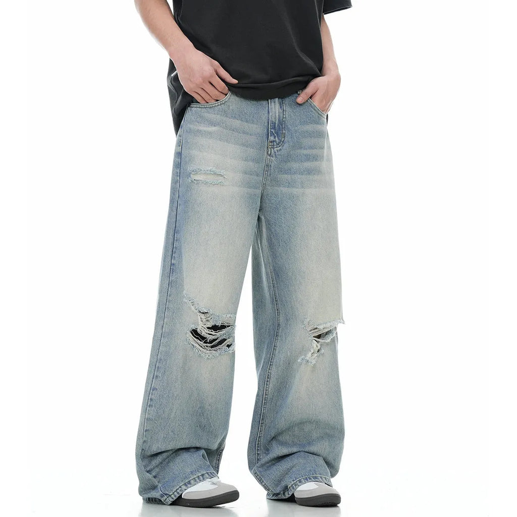 Men's blue straight-leg jeans with retro styling and zipper fly