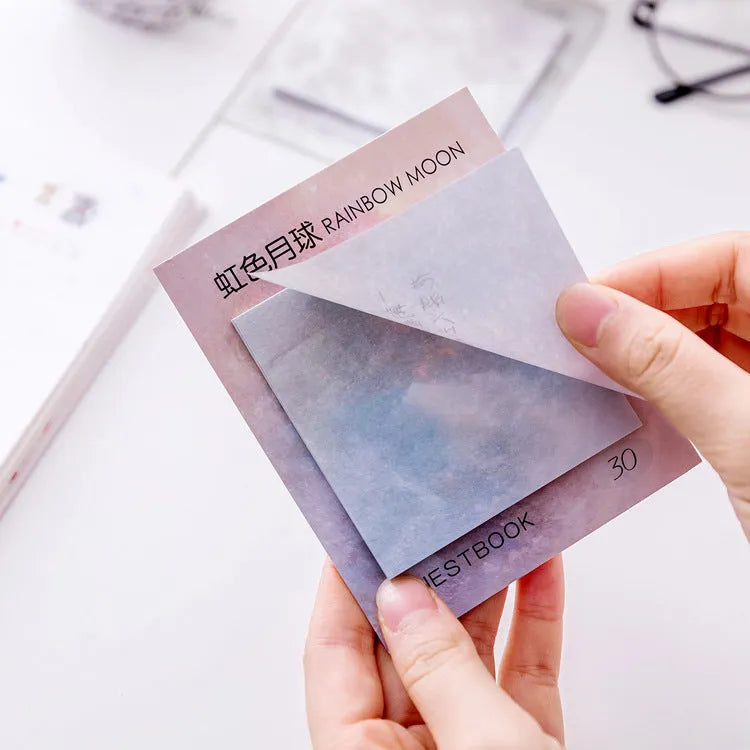 Square planet oil painting design sticky note notepad, 7.3cm, showing cover colour options.