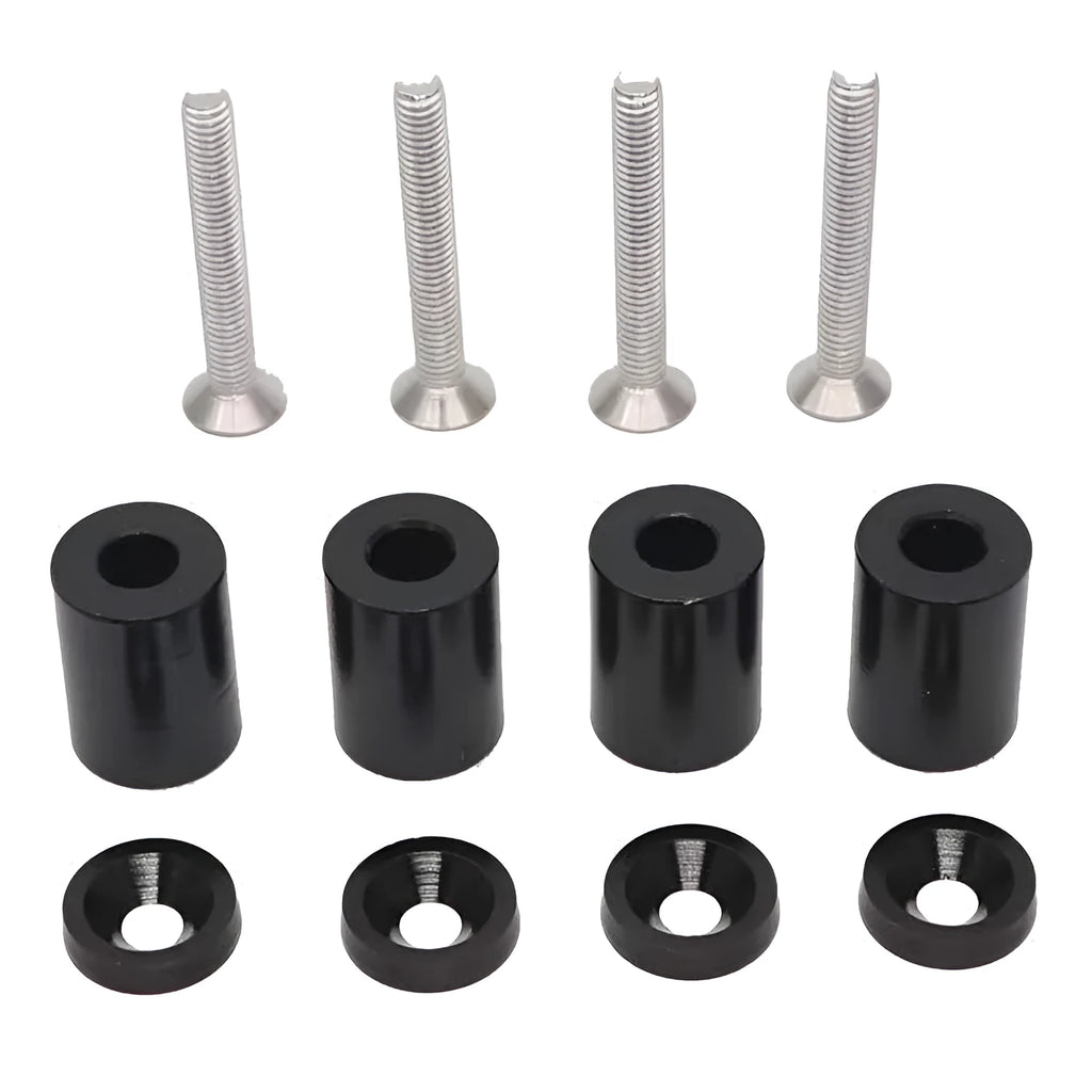 Aluminium engine cover spacer kit with screws, nuts and washers in black, blue and red colours