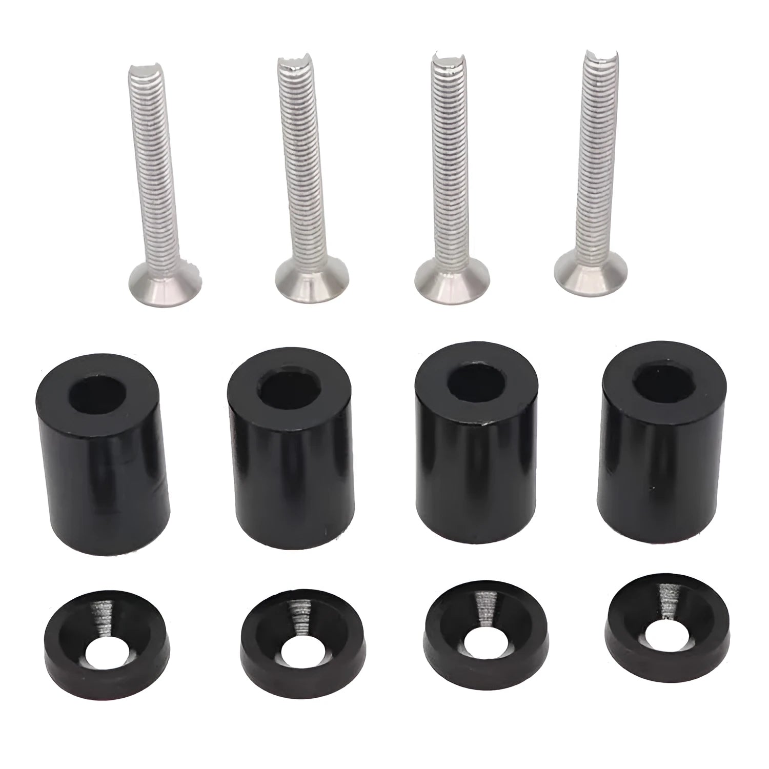 Aluminium engine cover spacer kit with screws, nuts and washers in black, blue and red colours