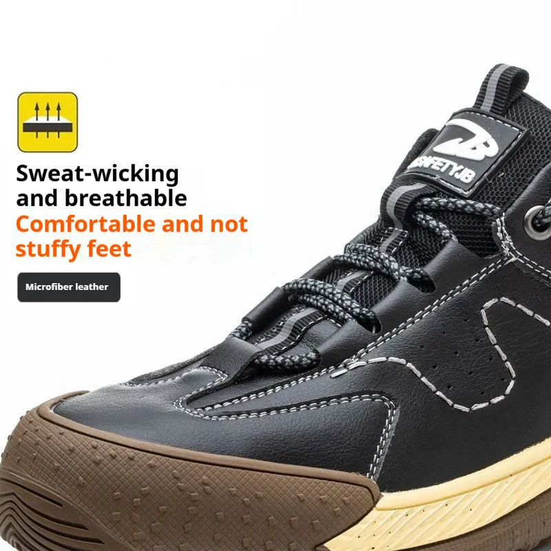 Flyknit work safety shoe with leather upper and rubber sole shown in black colour.