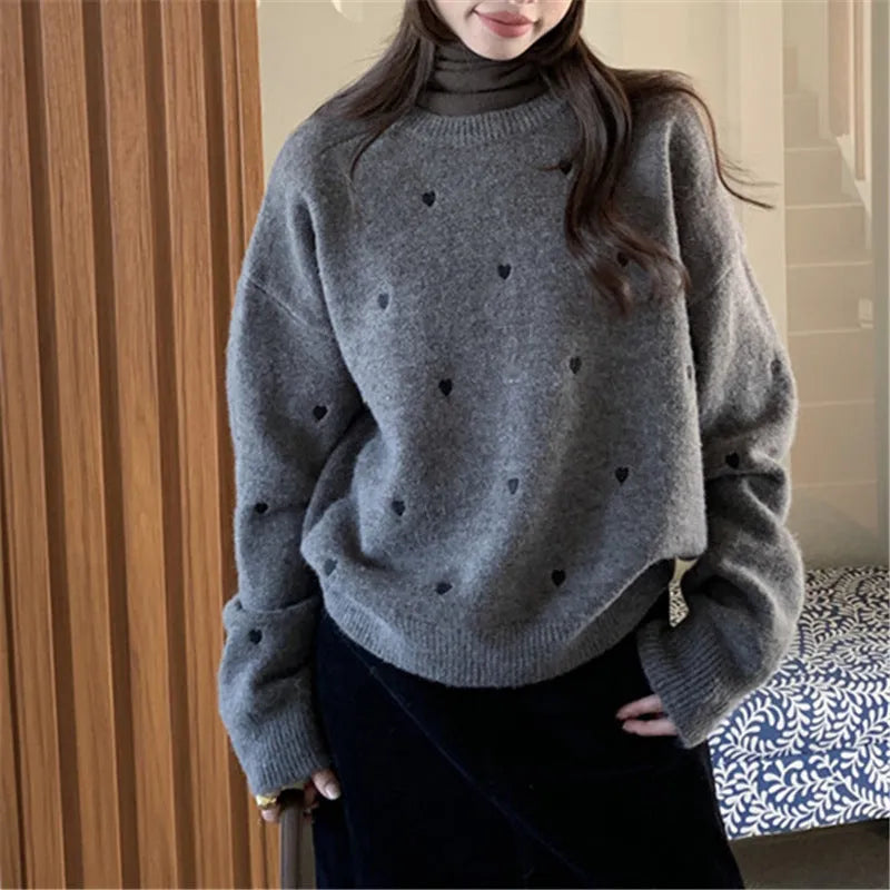 Women's acrylic pullover sweater with embroidered love pattern in loose fit with long sleeves