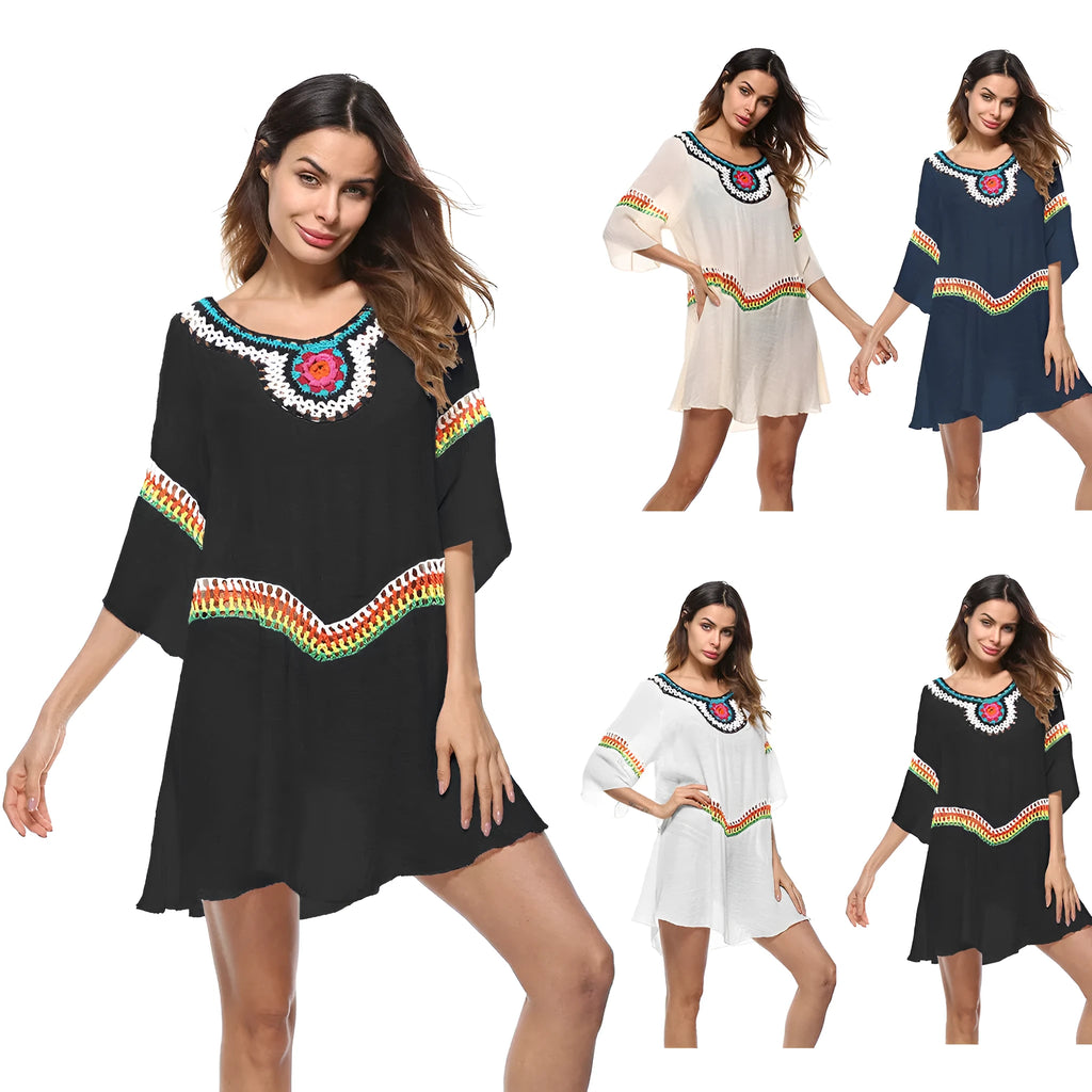 Crocheted ethnic style sun protection clothing beach cover-up in apricot colour