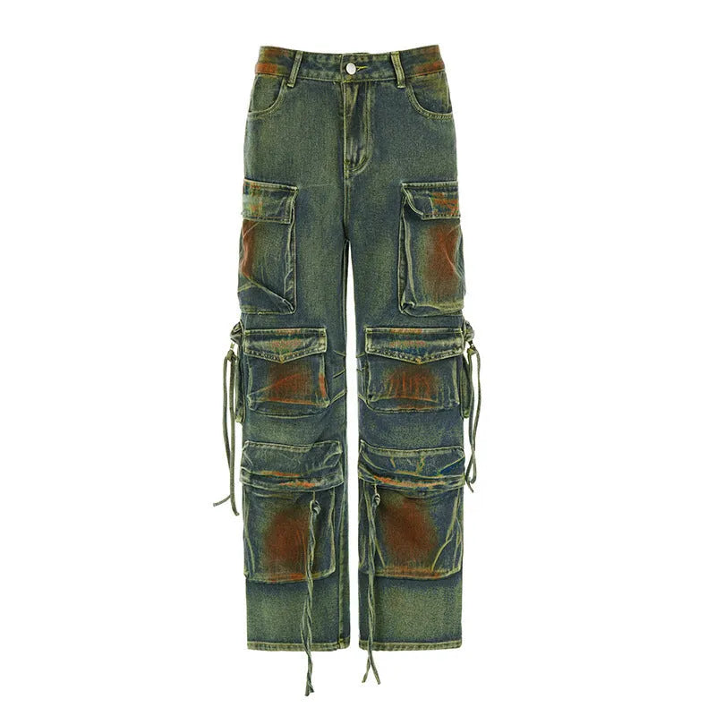 Loose cargo denim trousers with gradient colour pockets and multiple utility compartments